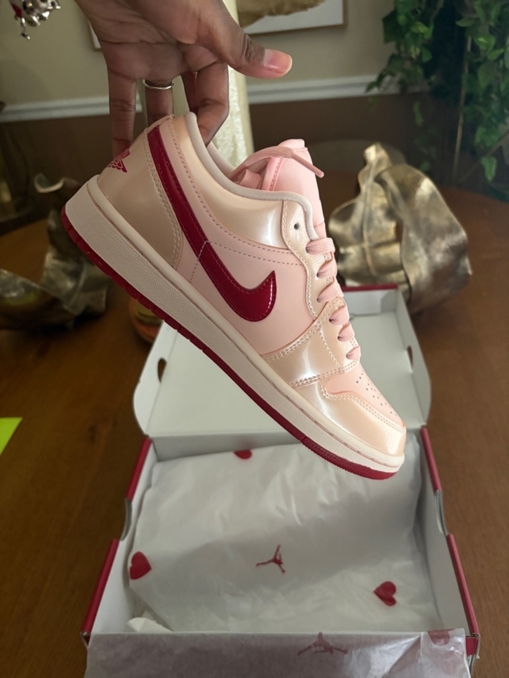 Nike Women’s Light Pink Patent Leather Low-Top Sneakers with Dark Pink Swoosh